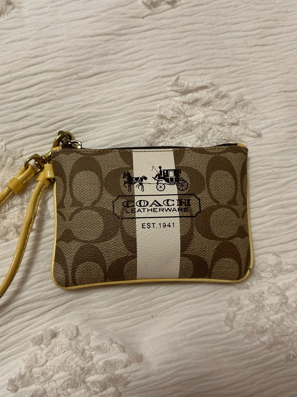 Coach Signature Stripe Zip Wristlet in Brown and Cream with Yellow Trim